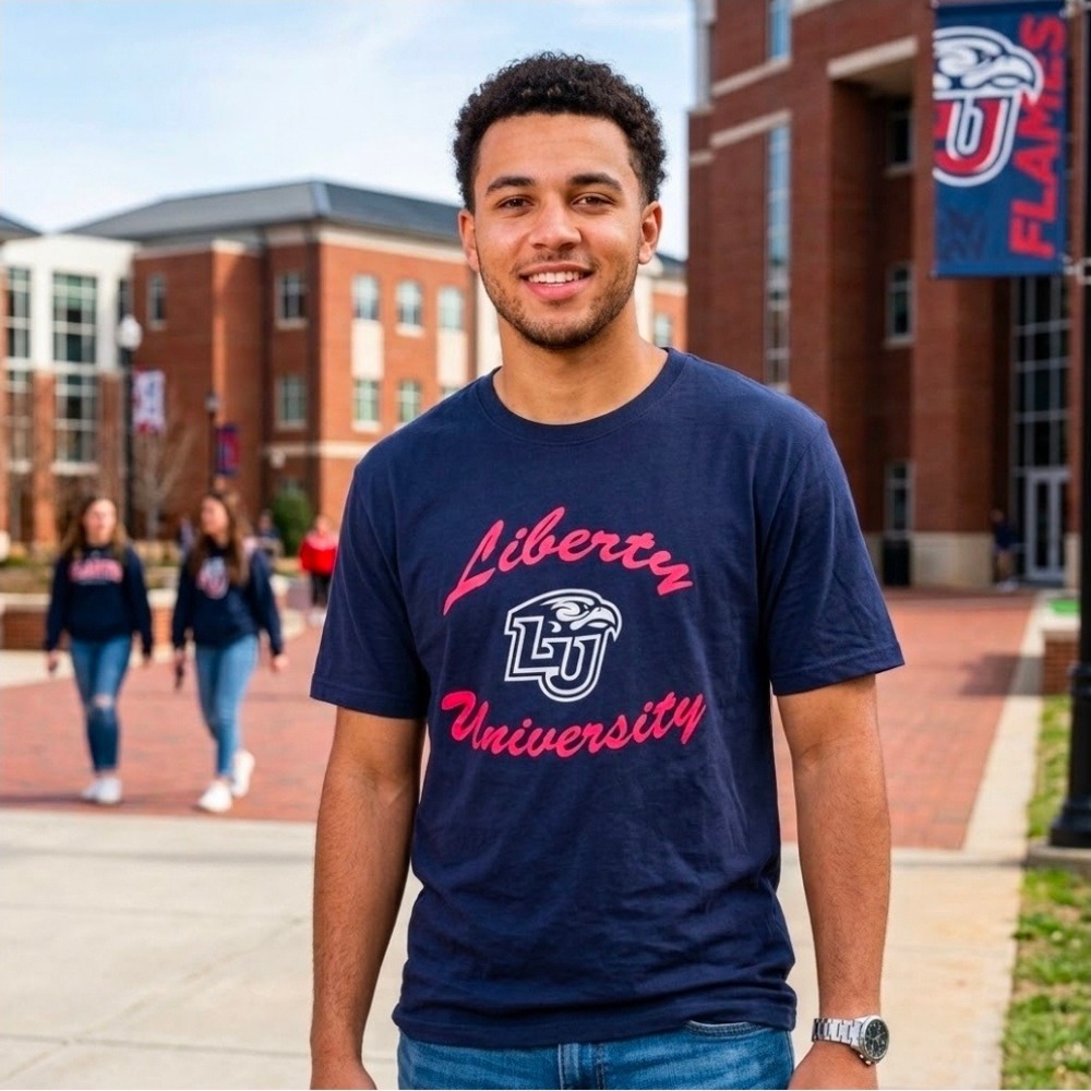 Liberty University LU Flames T-Shirt Mens XXL Navy Blue Red Colosseum Tee New